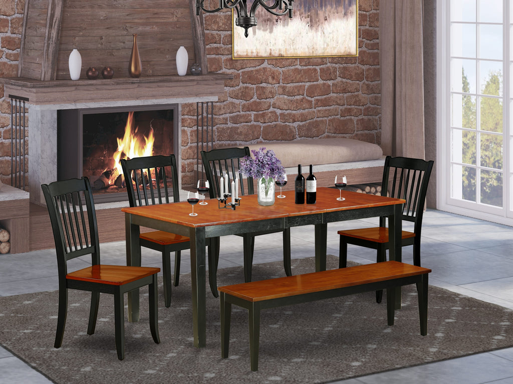 NIDA6-J1I-0 Kitchen Ensemble Rectangular Dining Table with Butterfly Extension, Chairs & Bench Set in Black Cherry Finish, 6 pcs