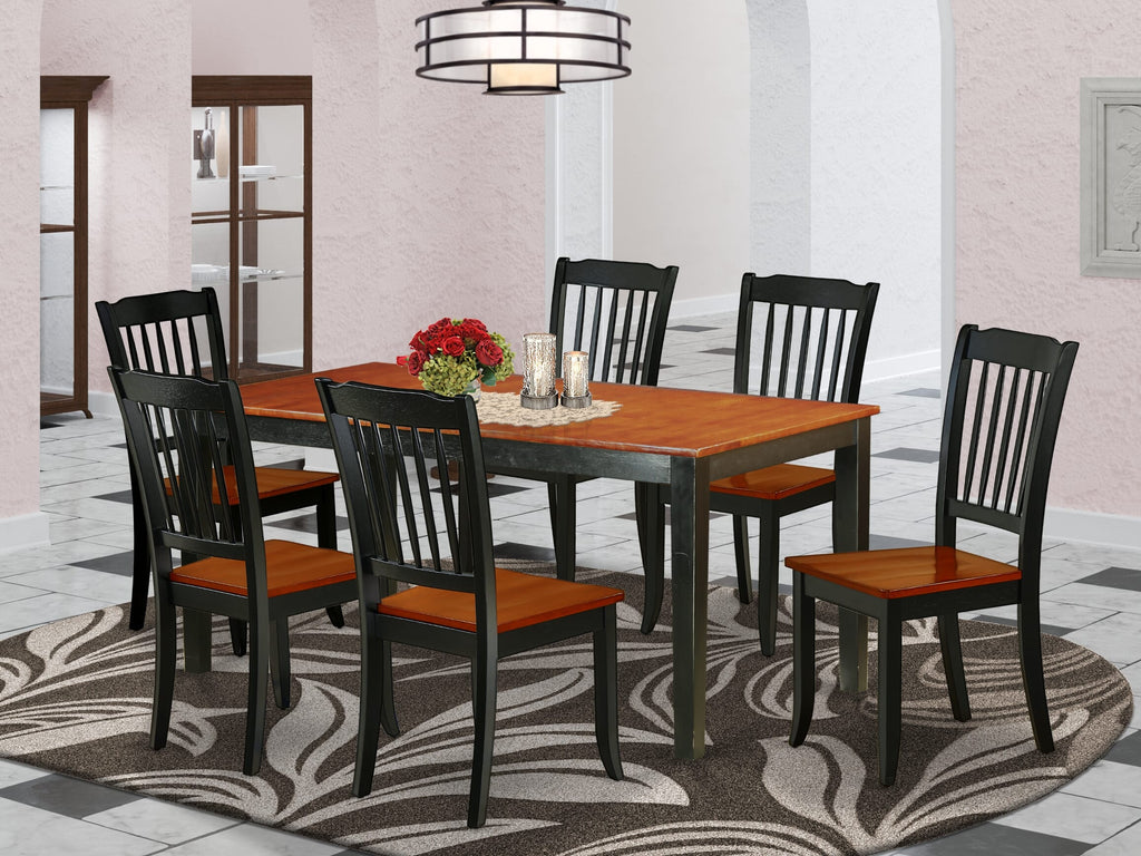 NIDA7-B78-L 7-Piece Dining Ensemble Rectangle Table with Extension Leaf & 6 Chairs, Black & Cherry 36x66