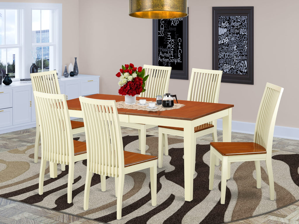 NIIP7-7U3-Y 7-Piece Rectangle Dining Set, Table with Butterfly Leaf & 6 Chairs, Buttermilk & Cherry, 36x66 Inch