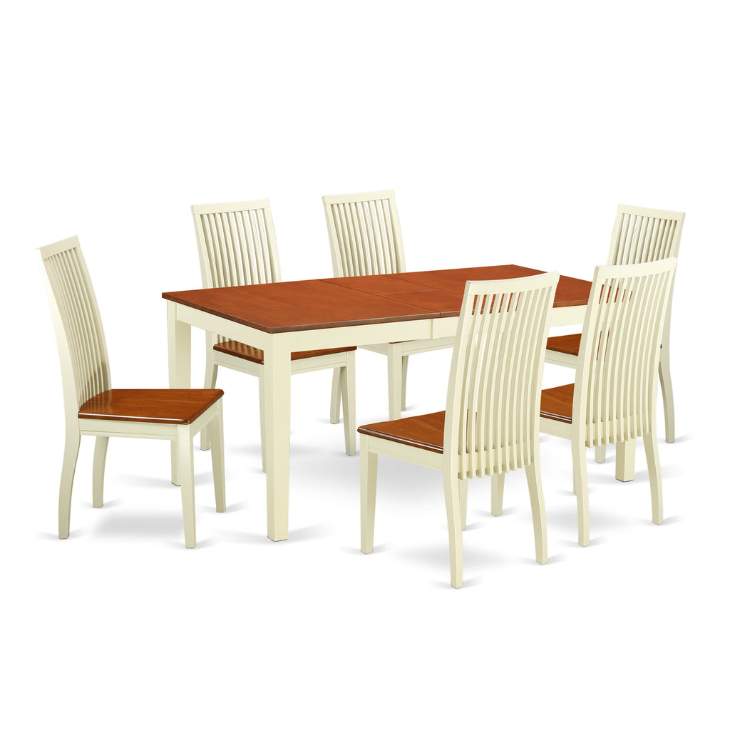 NIIP7-7U3-Y 7-Piece Rectangle Dining Set, Table with Butterfly Leaf & 6 Chairs, Buttermilk & Cherry, 36x66 Inch