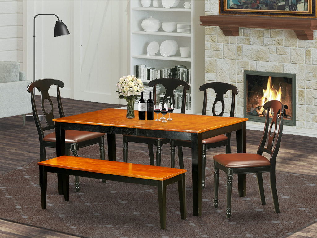 NIKE6-693-AC 6-Piece Dining Ensemble Extendable Rectangular Table, Leather Seats & Bench, Black/Cherry