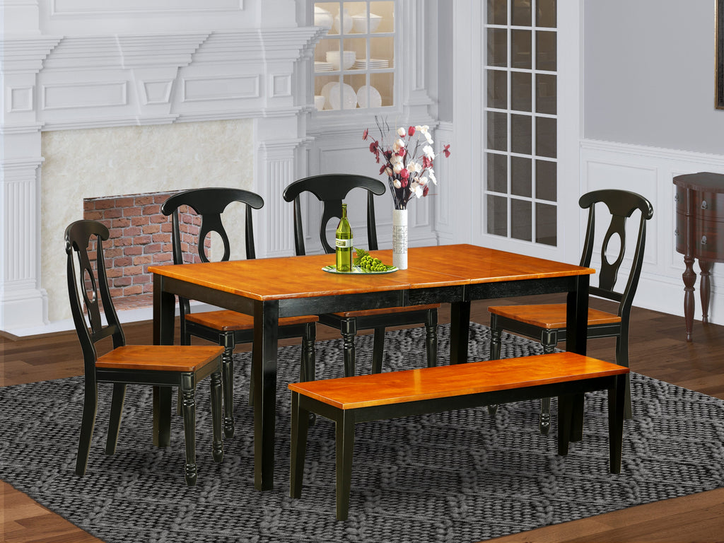 NIKE6-F8Q-Q Contemporary 6-Piece Dining Set with Expansive Wooden Table, Seating, & Leaf Insert, Black & Cherry Finish