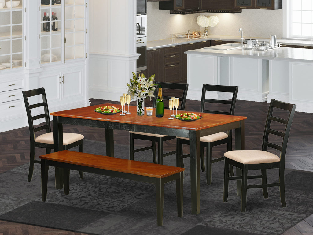 NIPF6-O4U-A Dining Ensemble Rectangle Table Set with Butterfly Leaf, 4 Chairs & Bench, 36x66 In, Black & Cherry