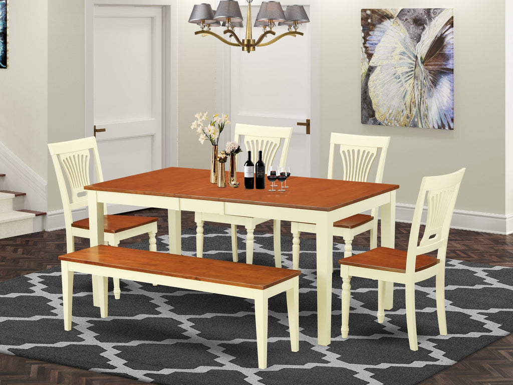 NIPL6-5WP-Q Dining Set 6-Piece Ensemble with Rectangular Table, Leaf, 4 Chairs & Bench in Buttermilk Cherry Finish