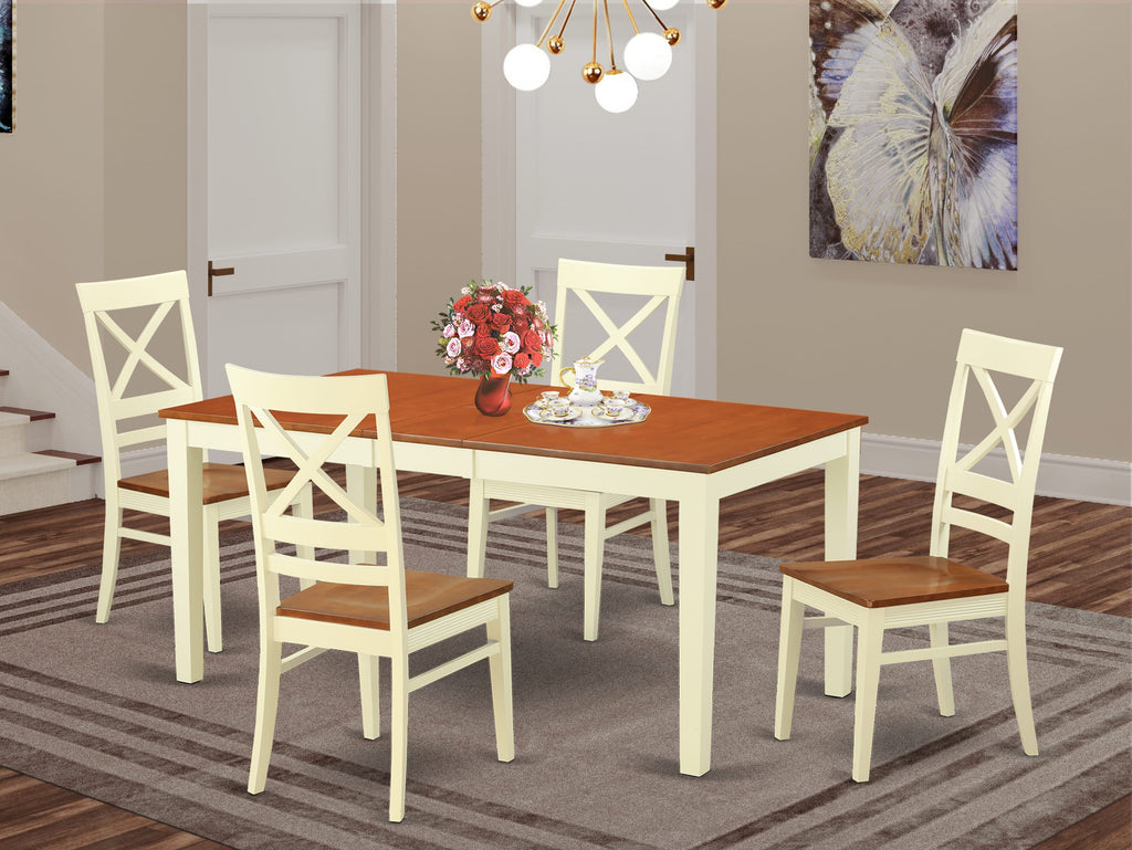NIQU5-Q89-B Dining Set - Rectangular Table with Butterfly Leaf & 4 Chairs, Buttermilk & Cherry Finish