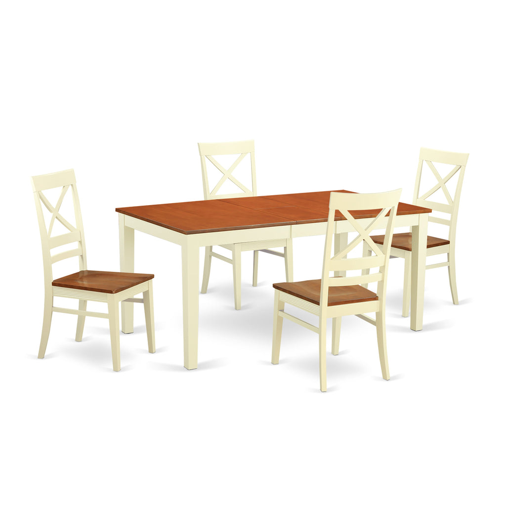 NIQU5-Q89-B Dining Set - Rectangular Table with Butterfly Leaf & 4 Chairs, Buttermilk & Cherry Finish