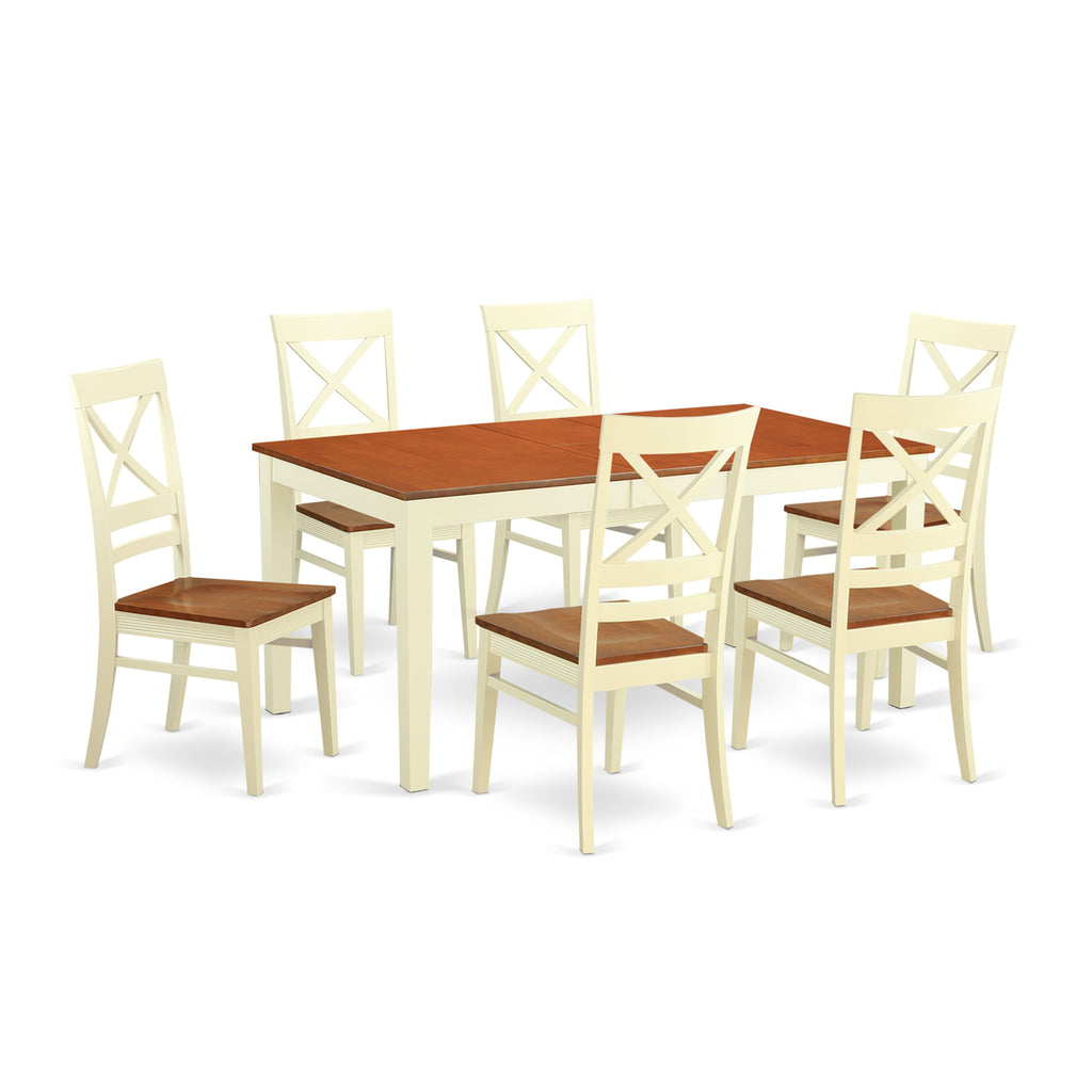 NIQU7 Confident Rectangular Dining Ensemble with Butterfly Extension and Chairs, Elegant Buttermilk & Cherry Finish, Seats Seven