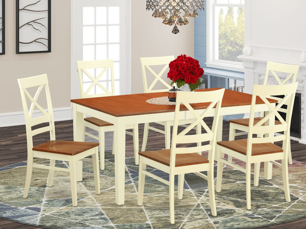 NIQU7 Confident Rectangular Dining Ensemble with Butterfly Extension and Chairs, Elegant Buttermilk & Cherry Finish, Seats Seven