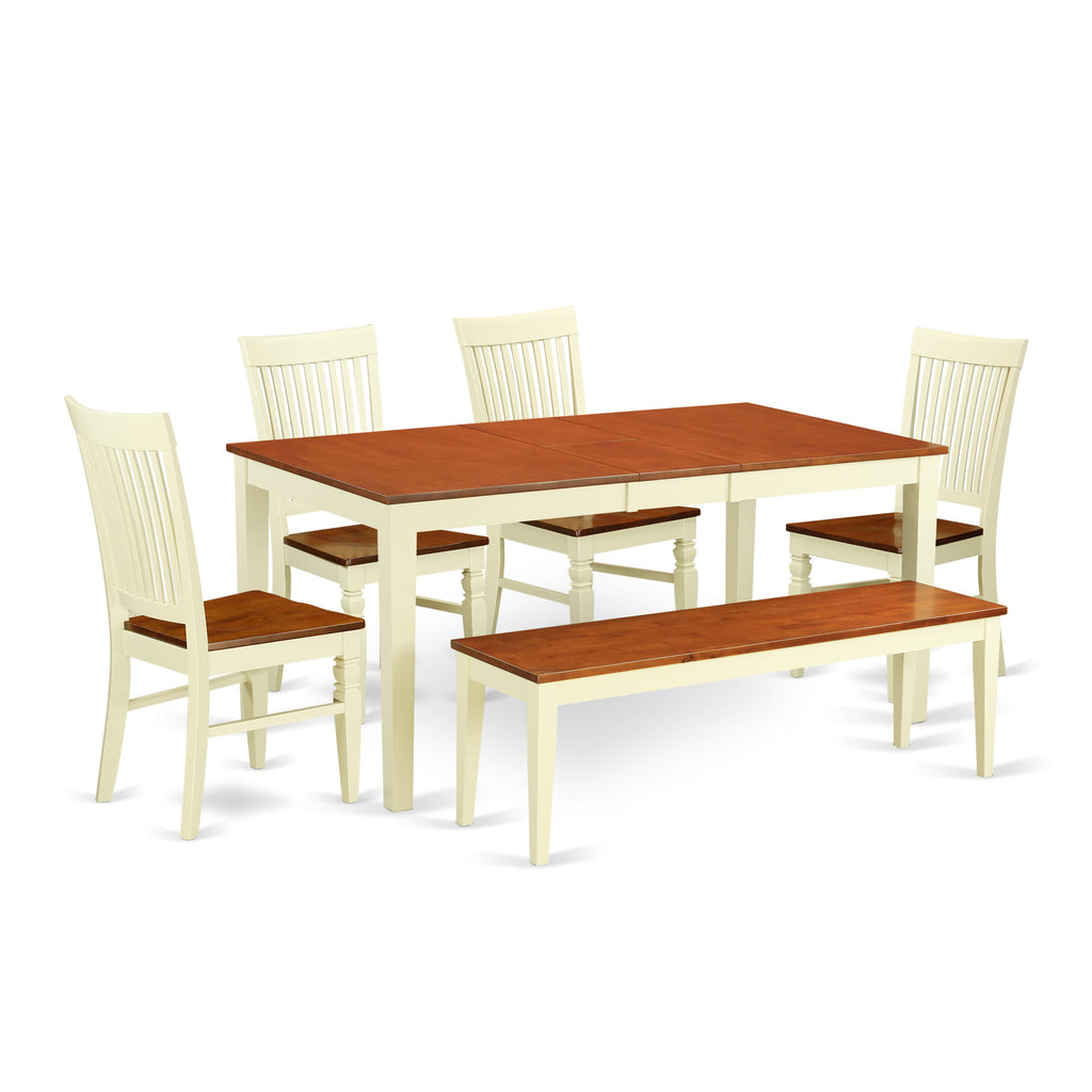 NIWE6-WKF-Q Dining Setup 6-Piece Rectangle Set with Butterfly Leaf, 4 Chairs & Bench, Buttermilk-Cherry