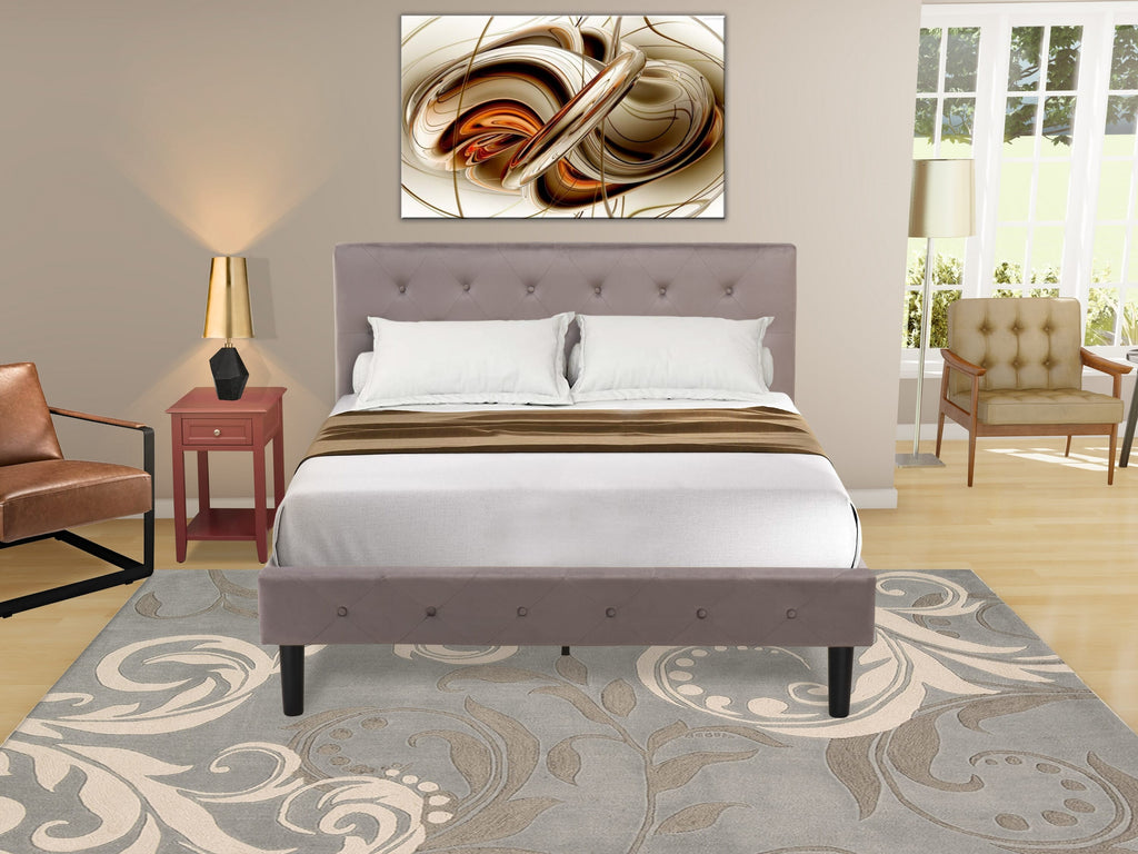 NL14F-U4FMC 2-Piece Full Bed Set - Button-Tufted Brown Taupe Velvet Frame & Burgundy Nightstand