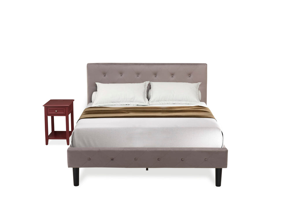 NL14F-U4FMC 2-Piece Full Bed Set - Button-Tufted Brown Taupe Velvet Frame & Burgundy Nightstand