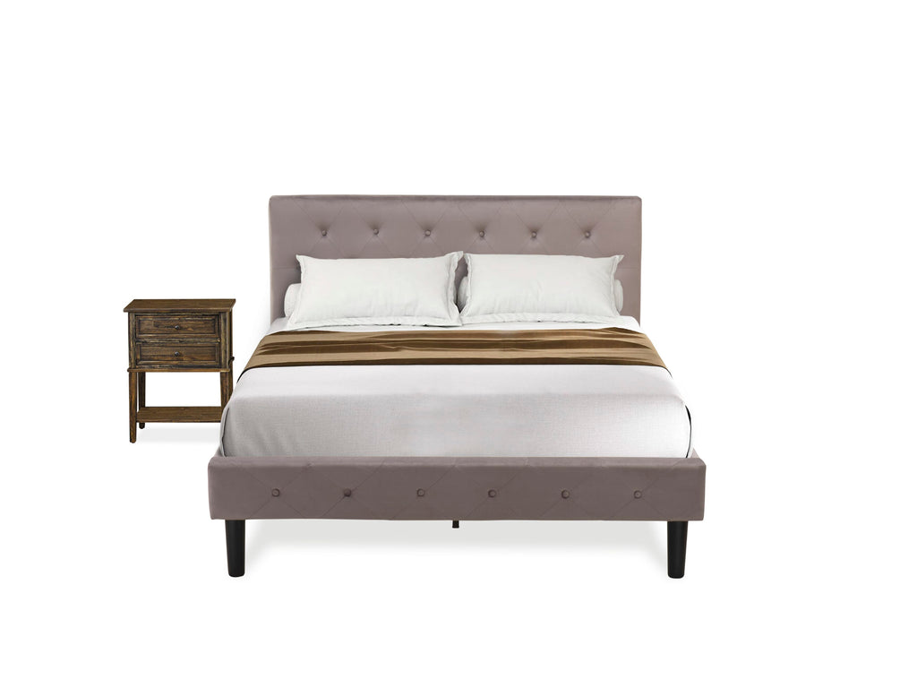NL14F-5T6YC 2-Piece Suite - Tufted Full Bed in Brown Taupe Velvet with Distressed Jacobean Night Table