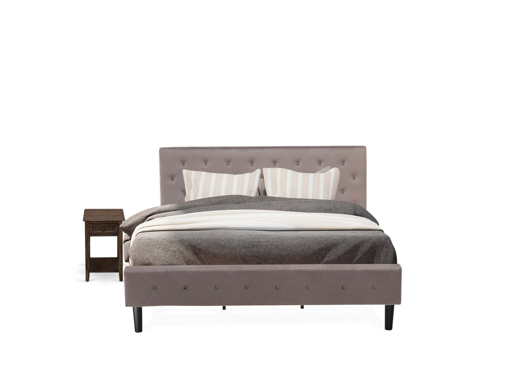 NL14K-R8PDC 2-Piece King Sleep Collection Tufted Brown Velvet Headboard with Distressed Jacobean Wooden Nightstand