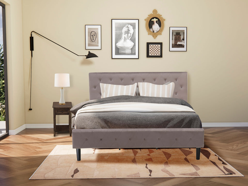 NL14K-R8PDC 2-Piece King Sleep Collection Tufted Brown Velvet Headboard with Distressed Jacobean Wooden Nightstand