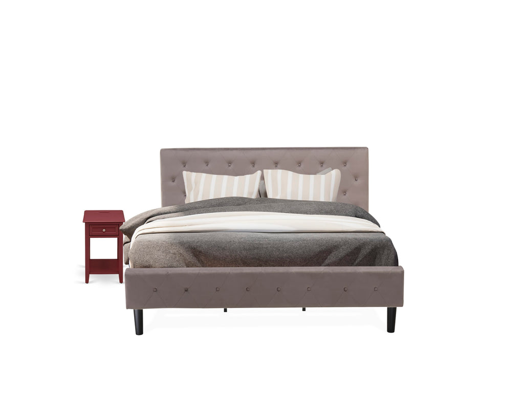 NL14K-7TXFJ King Bed Set with Plush Headboard and Burgundy Nightstand Ensemble
