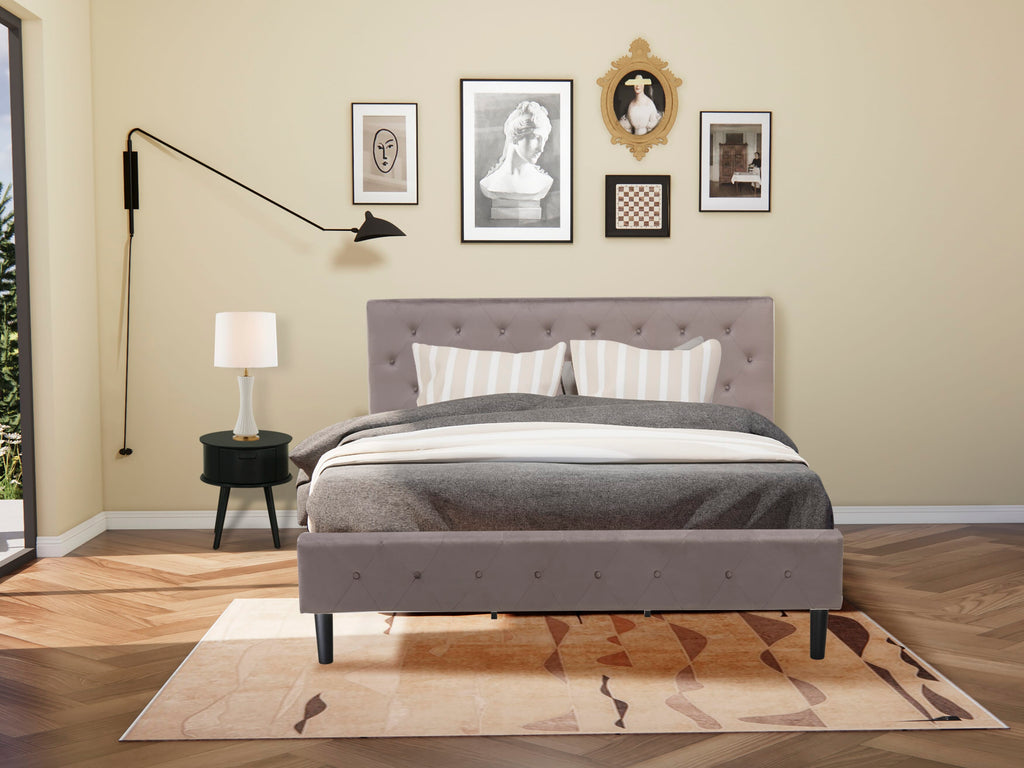 NL14K-NQVUS 2-Piece Bed Ensemble with Tufted Headboard & Nightstand Combo in Velvet & Black Wood