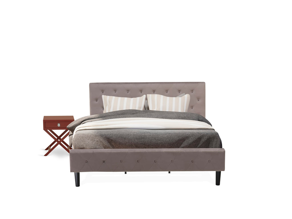 NL14K-JI8NJ Plush Button Tufted King Bed Suite - Velvet Upholstered Frame & Burgundy Table Duo