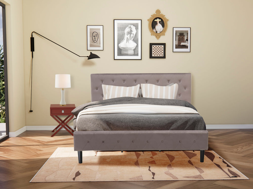 NL14K-JI8NJ Plush Button Tufted King Bed Suite - Velvet Upholstered Frame & Burgundy Table Duo
