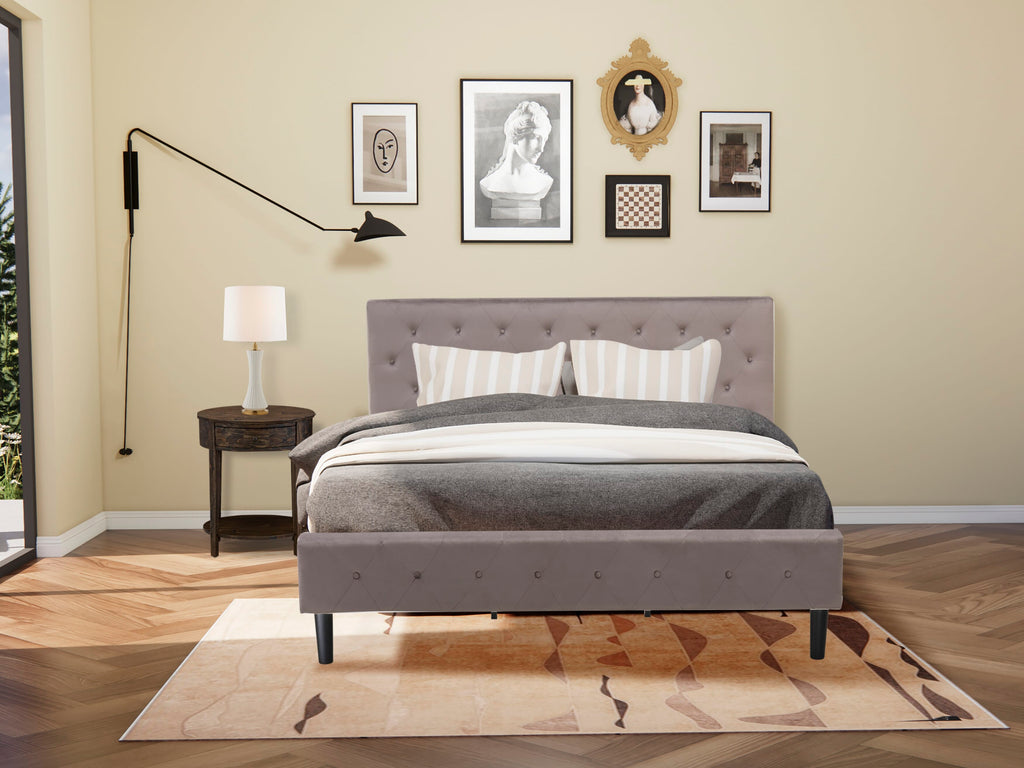 NL14K-1ANEV 2 Piece King Bed Ensemble with Button Tufted Frame, Velvet Upholstered Headboard in Brown Taupe & Distressed Jacobean Nightstand Combo