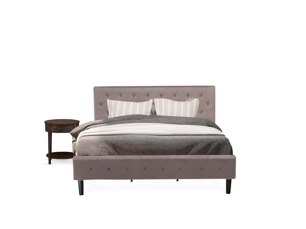 NL14K-1ANEV 2 Piece King Bed Ensemble with Button Tufted Frame, Velvet Upholstered Headboard in Brown Taupe & Distressed Jacobean Nightstand Combo