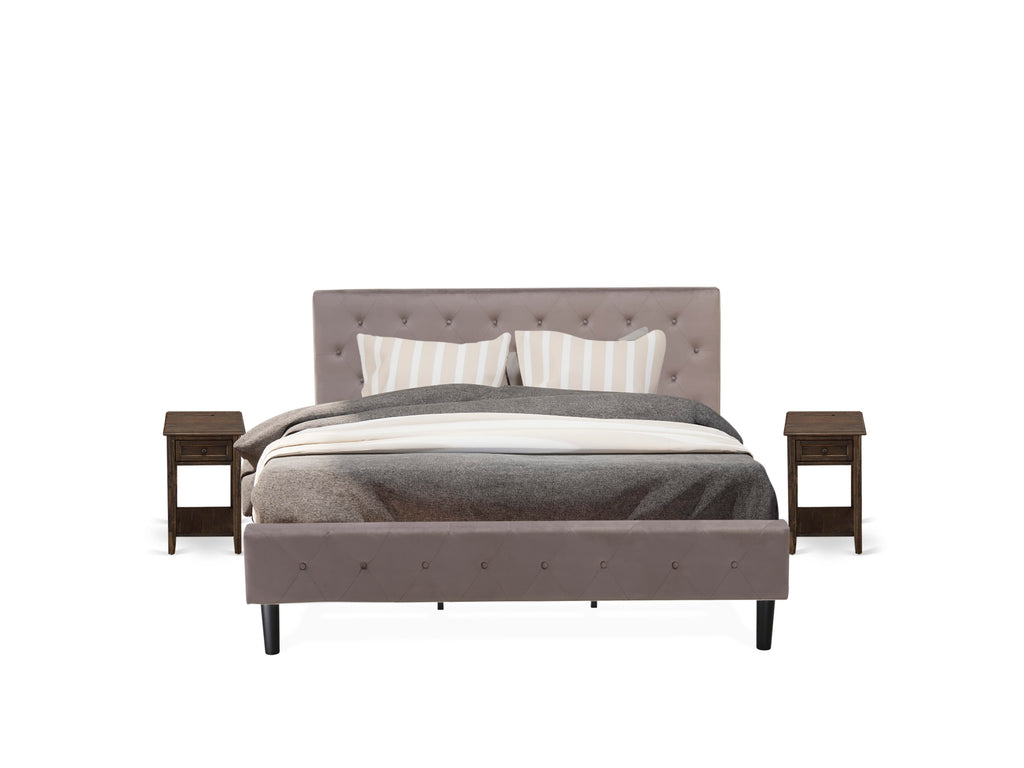 3 Piece King Bed Set NL14K-LFM3P with Button Tufted Frame, Brown Velvet Upholstery, and Rustic Finish Nightstand