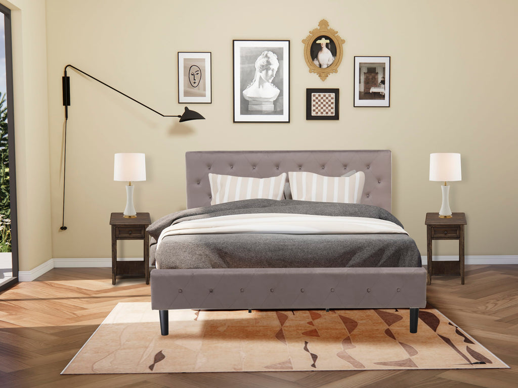 3 Piece King Bed Set NL14K-LFM3P with Button Tufted Frame, Brown Velvet Upholstery, and Rustic Finish Nightstand