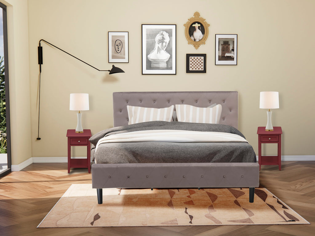 King Size Button Tuft Fabric Bed Set with Nightstand in Tan Velvet and Mahogany - NL14K-MR3IG