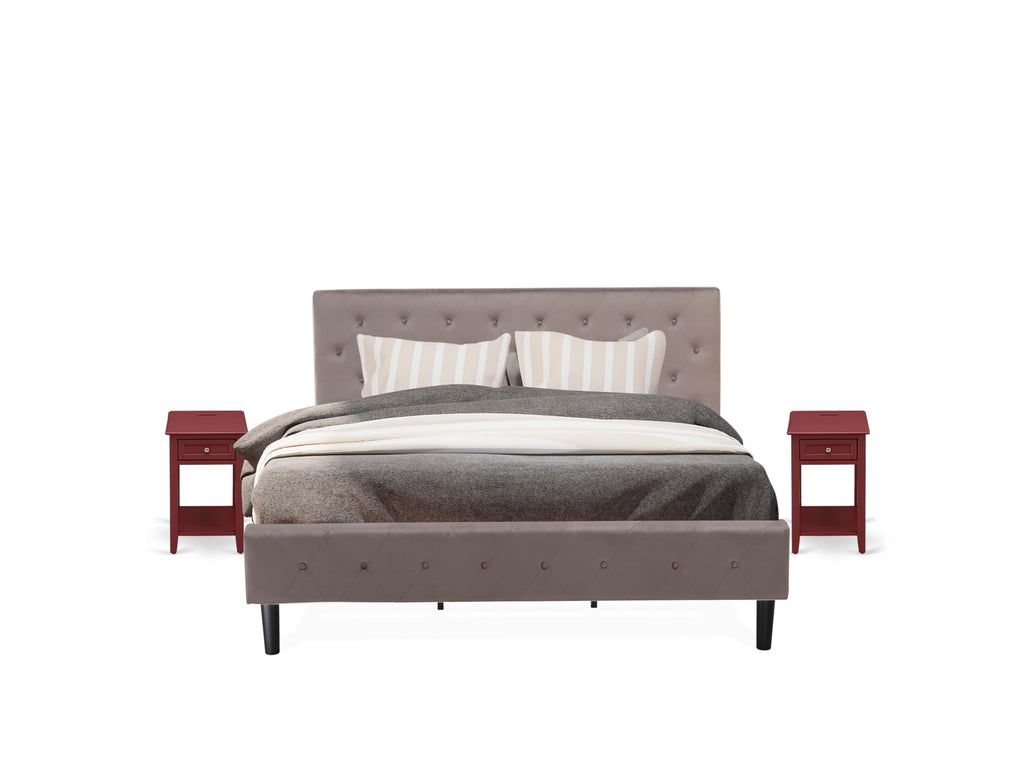 King Size Button Tuft Fabric Bed Set with Nightstand in Tan Velvet and Mahogany - NL14K-MR3IG