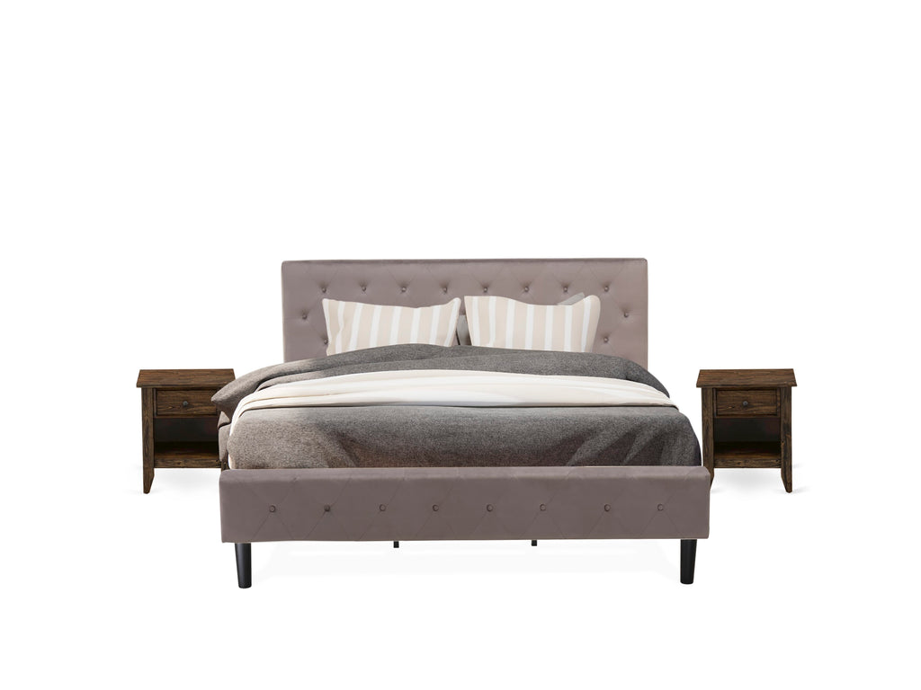 NL14K-4AHOZ Bedroom Trio Button-Tufted Bed in Brown Taupe Velvet, Headboard & Distressed Jacobean Nightstand