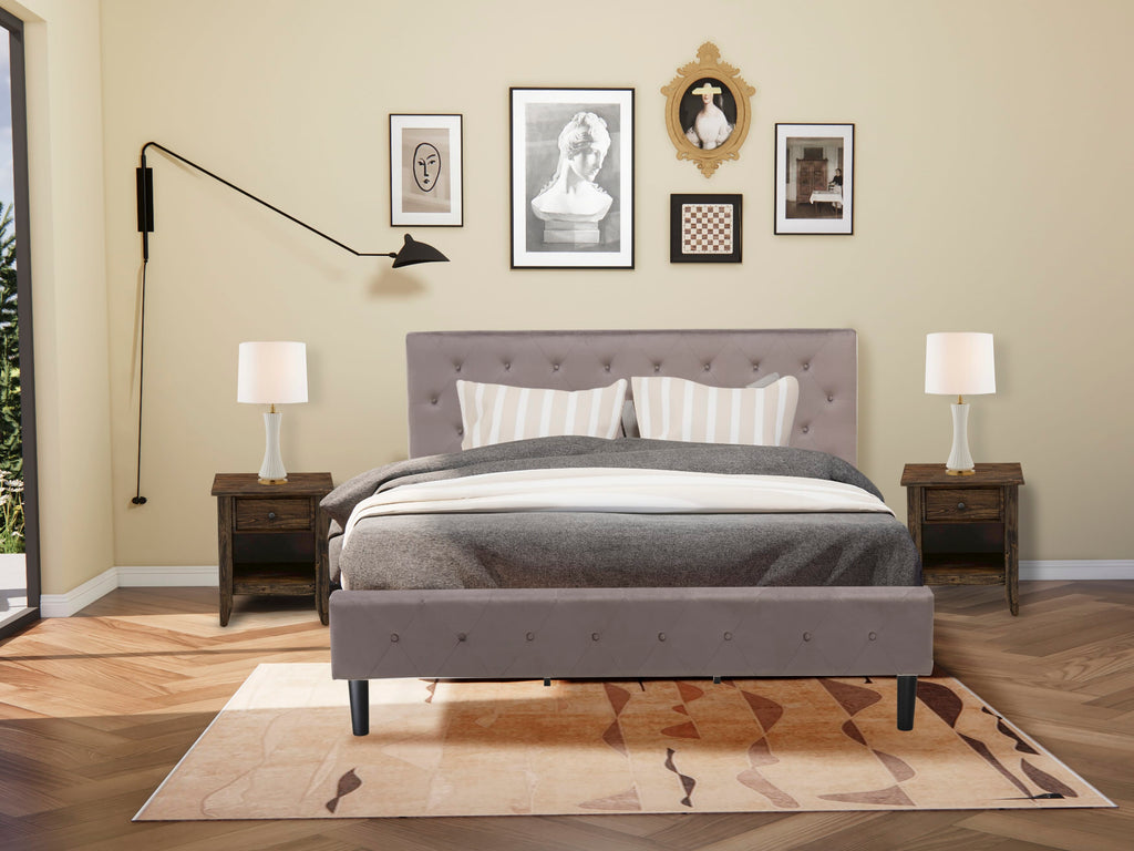 NL14K-4AHOZ Bedroom Trio Button-Tufted Bed in Brown Taupe Velvet, Headboard & Distressed Jacobean Nightstand