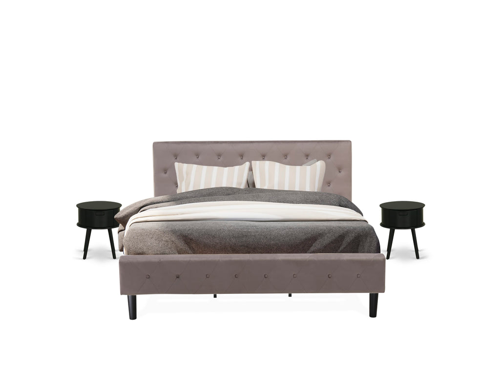 King Size Set with Velvet Headboard & Nightstand NL14K-F99H5 - Tufted Modern Bed in Brown Taupe