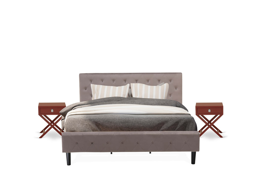NL14K-W8Z5B Elegant King Bedroom Ensemble with Plush Tufted Bed in Taupe Velvet & Rich Burgundy Side Table