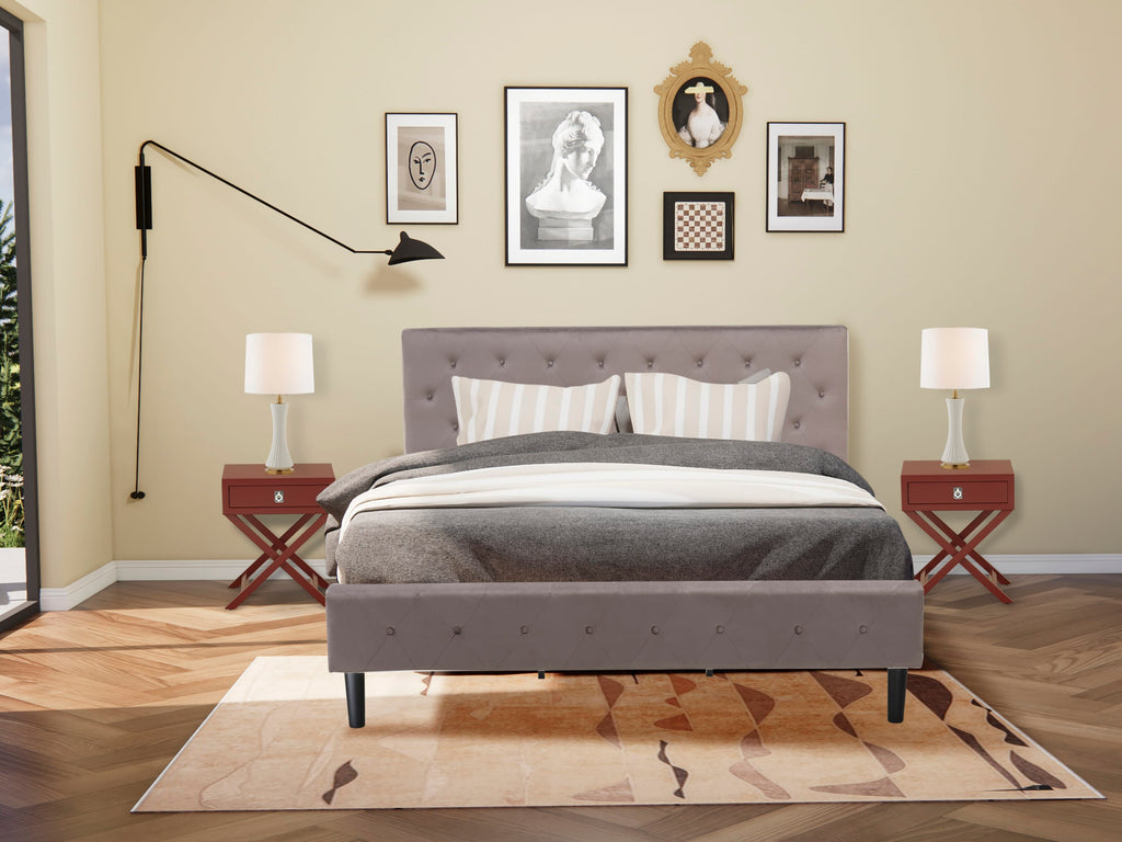 NL14K-W8Z5B Elegant King Bedroom Ensemble with Plush Tufted Bed in Taupe Velvet & Rich Burgundy Side Table