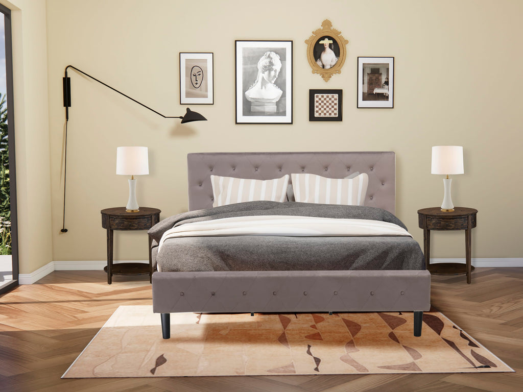 NL14K-J681O 3-Piece Bed Ensemble Button-Tufted Modern King Frame with Velvet Upholstered Headboard and Rustic Nightstand