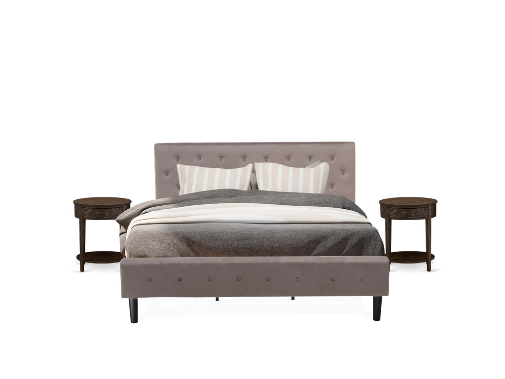 NL14K-J681O 3-Piece Bed Ensemble Button-Tufted Modern King Frame with Velvet Upholstered Headboard and Rustic Nightstand