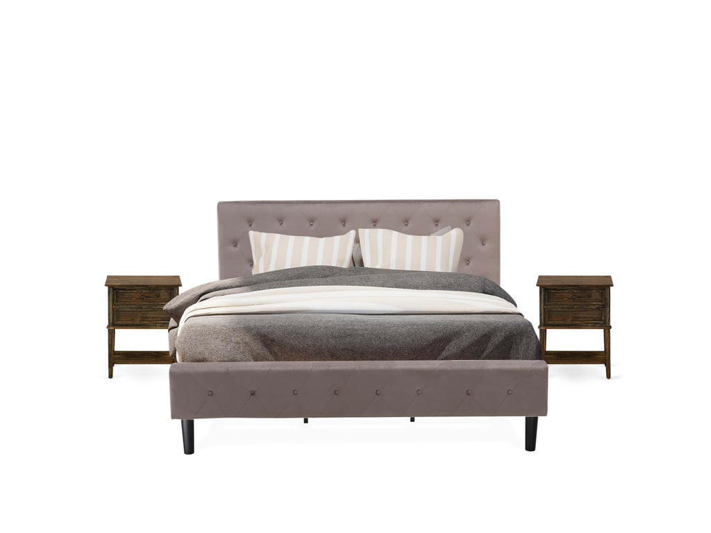 NL14K-STP9T 3-Piece Bed Collection - Plush Velvet Upholstered King Frame & Jacobean Style Side Table