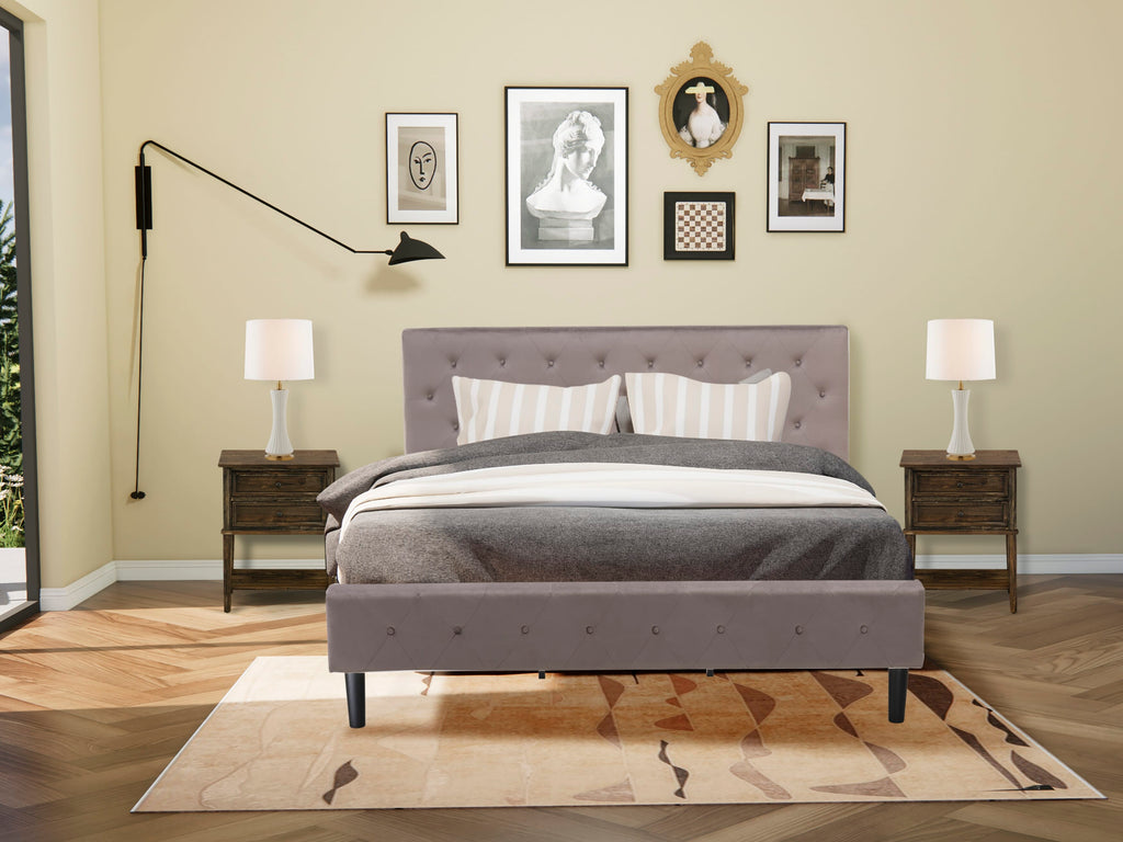 NL14K-STP9T 3-Piece Bed Collection - Plush Velvet Upholstered King Frame & Jacobean Style Side Table
