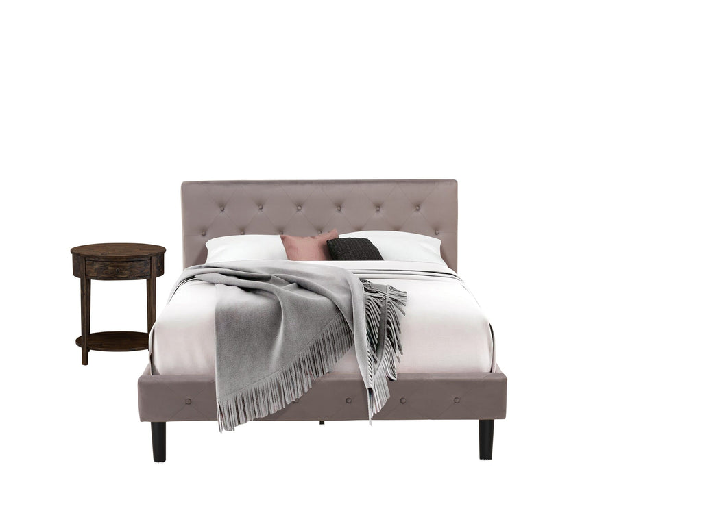 NL14Q-RLE77 2-Piece Queen Bed Ensemble - Taupe Velvet Bed Frame with Tufted Headboard and Jacobean Nightstand