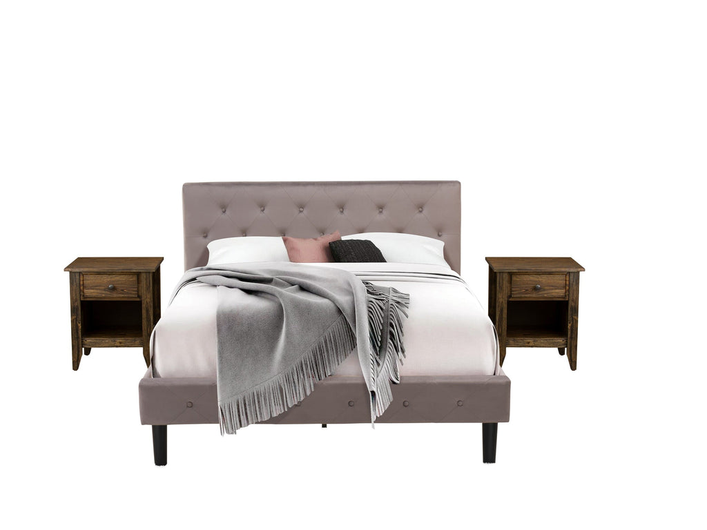 NL14Q-H3KQ0 3-Piece Bedroom Suite - Plush Velvet Queen Bed with Button Accents - Elegant Taupe Upholstered Headboard & Jacobean Style Nightstand