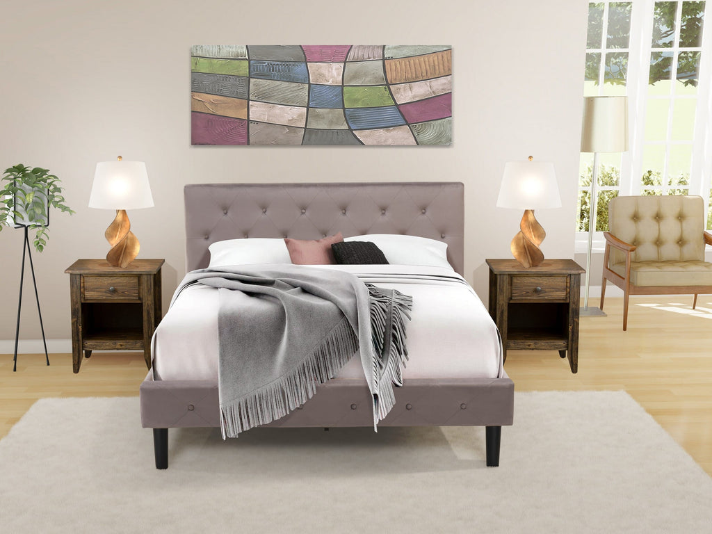 NL14Q-H3KQ0 3-Piece Bedroom Suite - Plush Velvet Queen Bed with Button Accents - Elegant Taupe Upholstered Headboard & Jacobean Style Nightstand