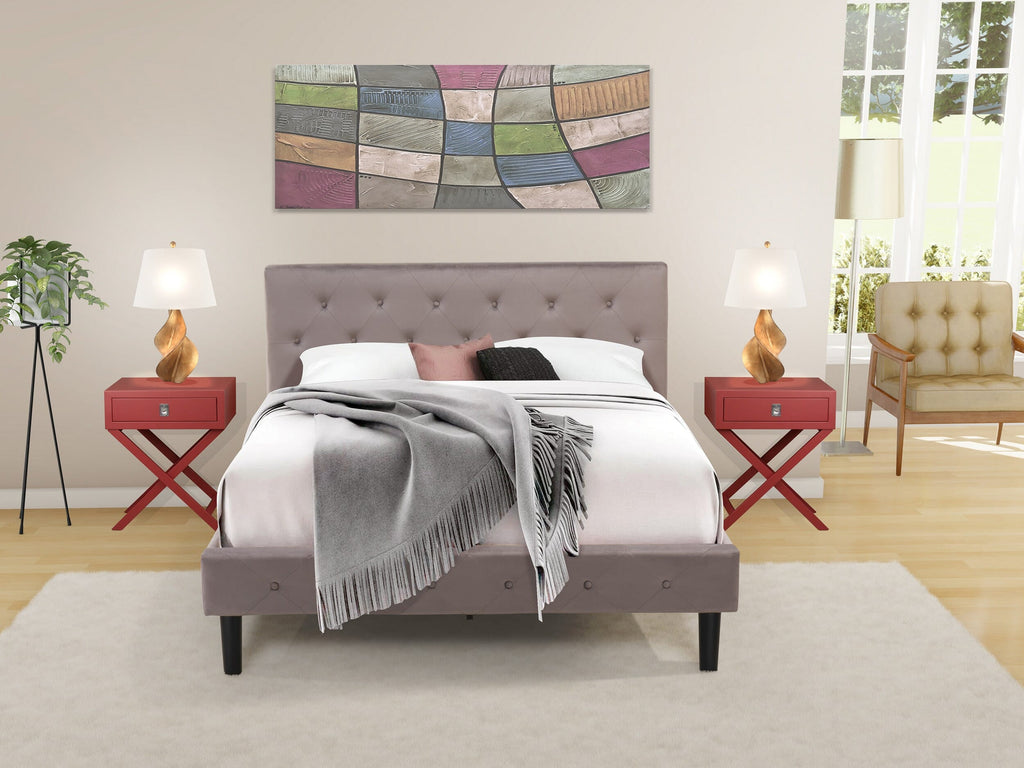 NL14Q-AXCI1 - 3 PC Bedroom Ensemble Buttoned Queen Bed Frame & Velvet Burgundy Nightstand