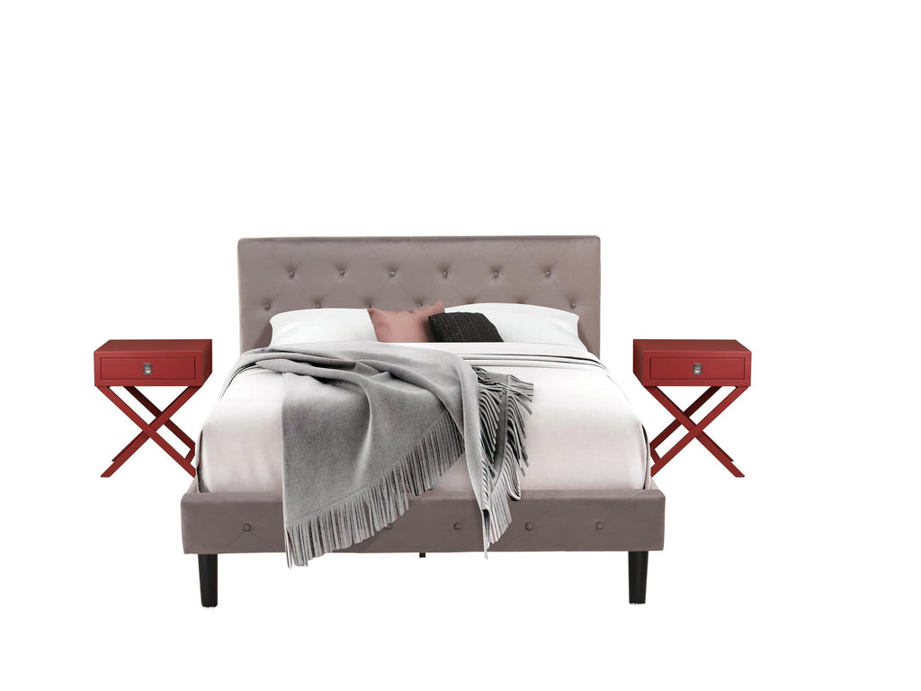 NL14Q-AXCI1 - 3 PC Bedroom Ensemble Buttoned Queen Bed Frame & Velvet Burgundy Nightstand