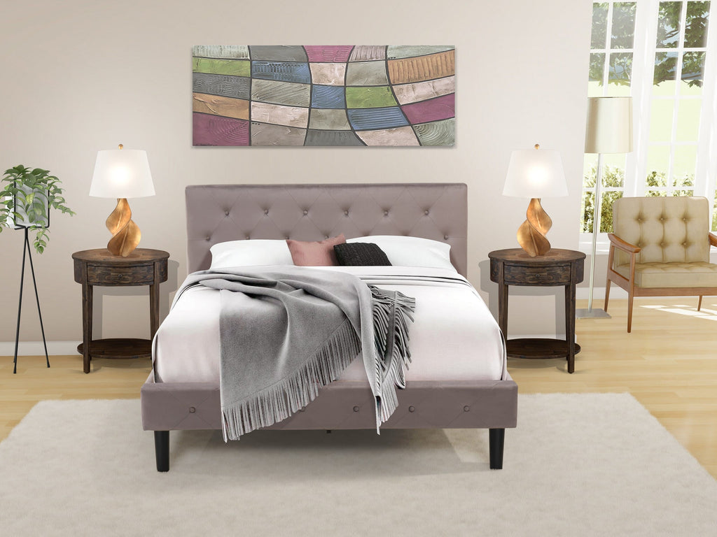 NL14Q-Y03JY Stylish 3-Piece Bedroom Ensemble Tufted Wooden Bed and Nightstand in Velvet Finish
