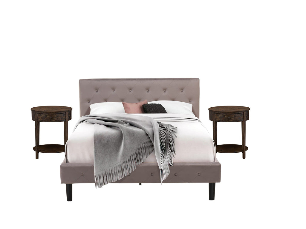 NL14Q-Y03JY Stylish 3-Piece Bedroom Ensemble Tufted Wooden Bed and Nightstand in Velvet Finish