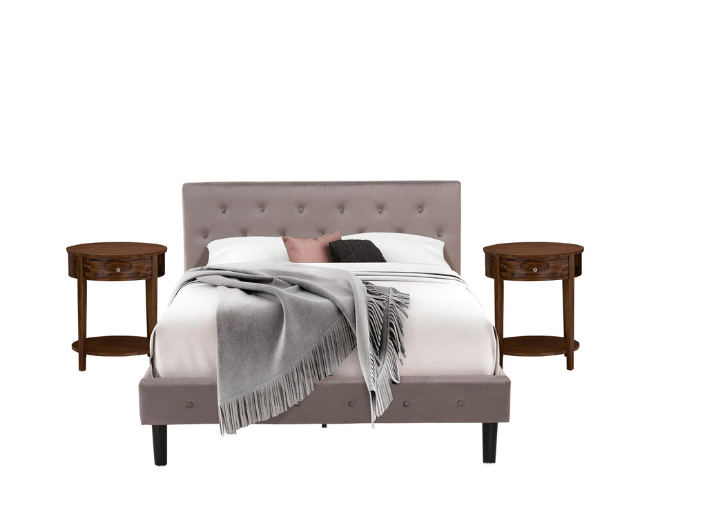 NL14Q-OJNLM 3-Piece Queen Bedroom Bundle - Luxe Velvet Upholstered Bed and Walnut Nightstand