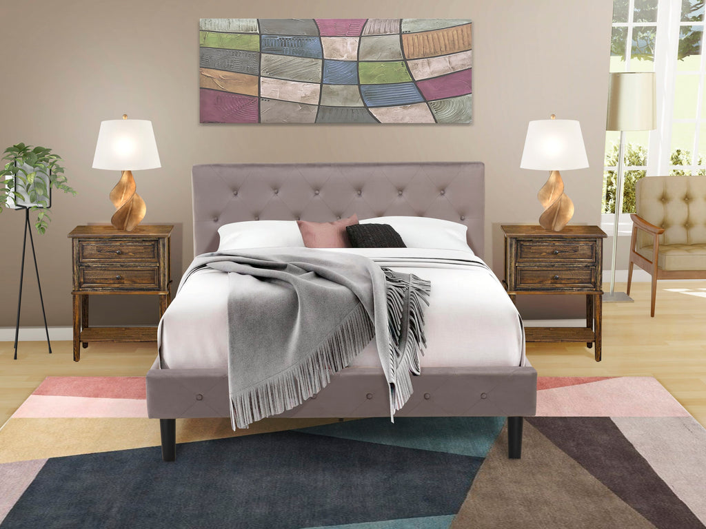 NL14Q-MPQV6 Stylish Bed Collection - Queen Size Sumptuous Tufted Headboard - Velvet Fabric in Brown Taupe with Elegant Nightstand in Distressed Finish