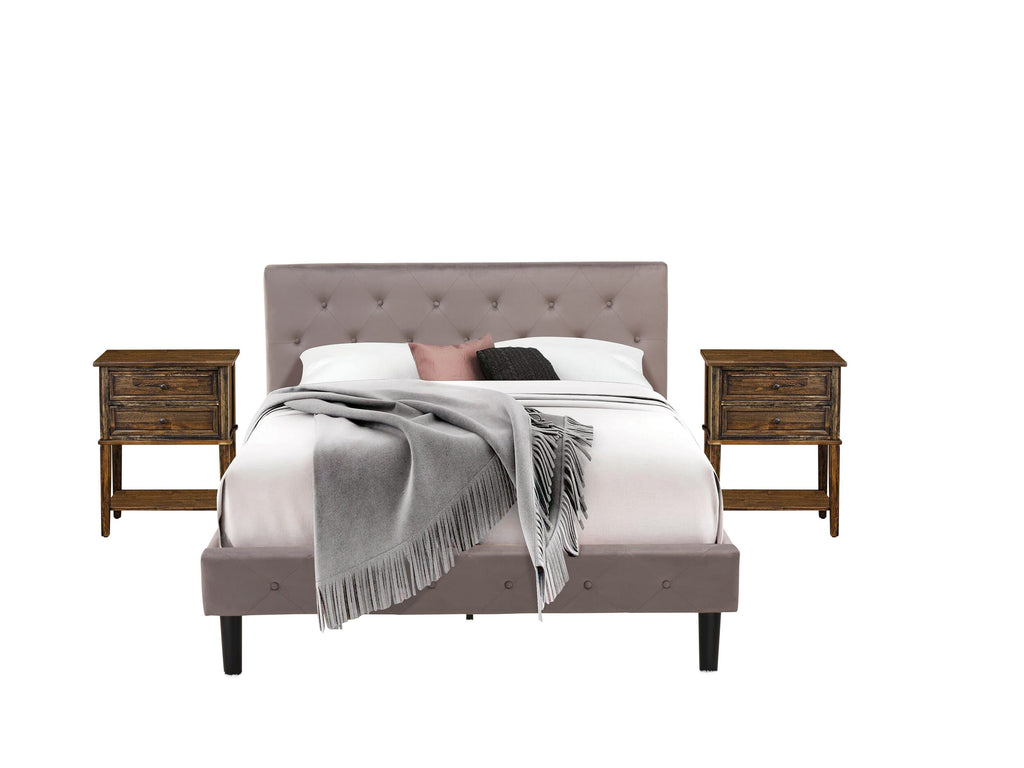 NL14Q-MPQV6 Stylish Bed Collection - Queen Size Sumptuous Tufted Headboard - Velvet Fabric in Brown Taupe with Elegant Nightstand in Distressed Finish