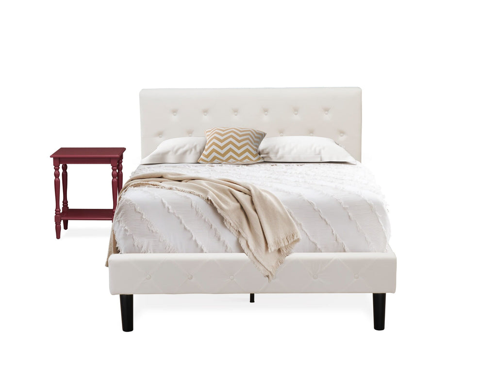 NL19F Nightstand & Bed Set Elegant Full Bed with White Tufted Velvet Headboard Plus Burgundy Table Accent