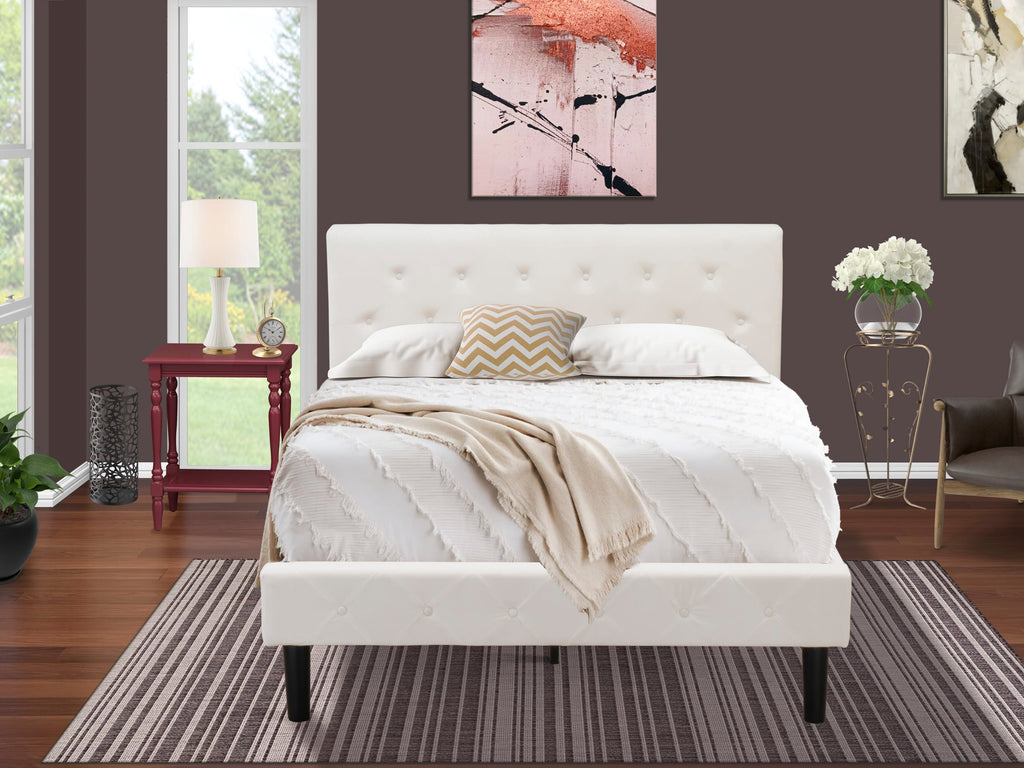 NL19F Nightstand & Bed Set Elegant Full Bed with White Tufted Velvet Headboard Plus Burgundy Table Accent