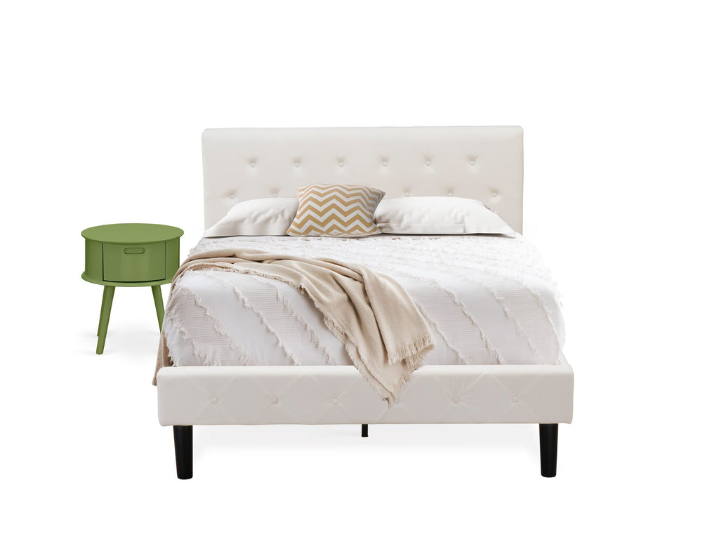 NL19F-QL4I9 Luxe Velvet White Full Bedframe with Button Tufted Headboard & Clover Green Fin. Night Table